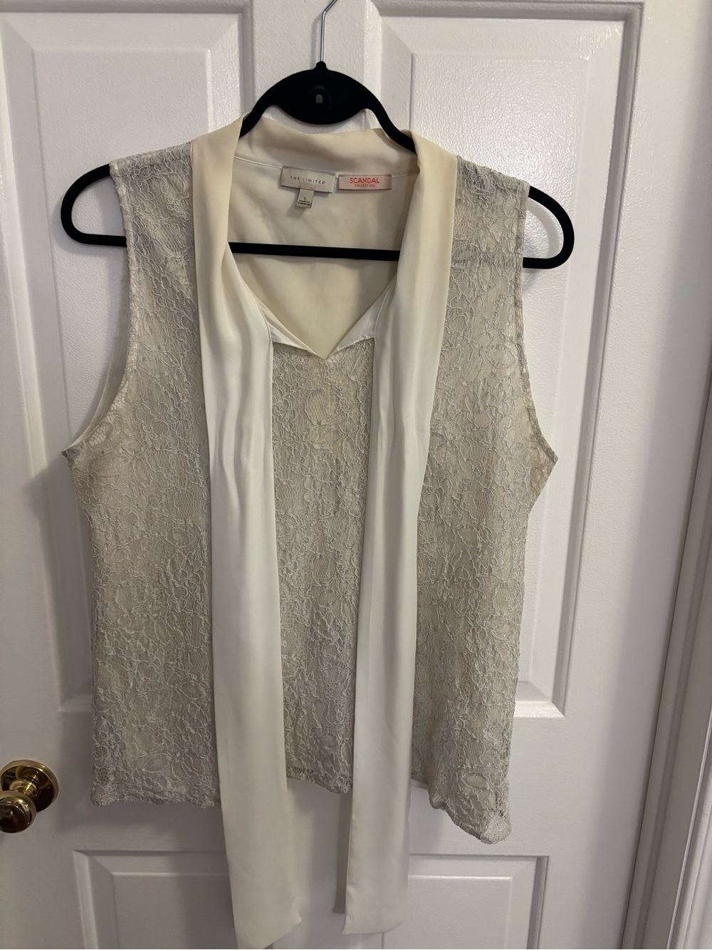 Lace Overlay Ivory Sleeveless Tie-Neck Top